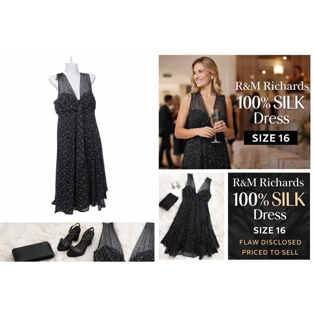 R&M Richards Silk Dress Size 16 Black Sleeveless Flowy‎ Lined Elegant Occasion